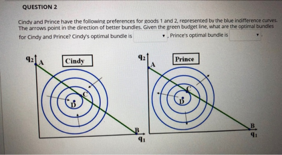 QUESTION 2 Cindy and Prince have the following preferences for goods 1 and 2, represented by the blue indifference curves The arrows point in the direction of better bundles. Given the green budget line, what are the optimal bundles for Cindy and Prince? Cindys optimal bundle is , Princes optimal bundle is 42 Cindy 42 Prince 41 Чт 41