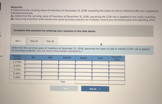 Required: 1. Determine the carrying value of inventory at December 31, 2018, assuming the lower of cost or market (LCM) rule