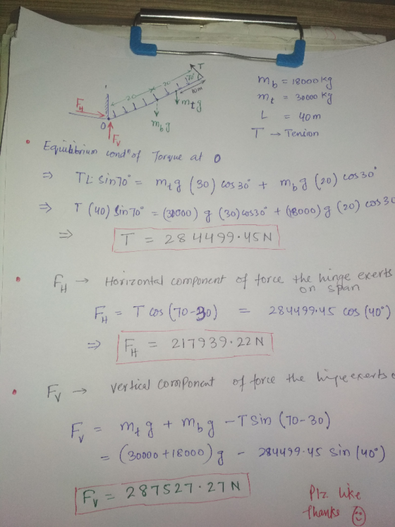 -20 X Tom b = 18000kg me = 30000 kg L = 40m on mo T Tension Equilbrium cond of Torque at o - Ti sin 70 = mig (30) cos 30 + m