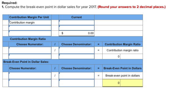 Required: 1. Compute the break-even point in dollar sales for year 2017. (Round your answers to 2 decimal places.) Current Co
