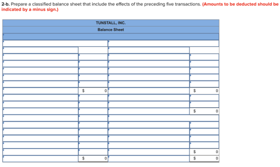 2-b. Prepare a classified balance sheet that include the effects of the preceding five transactions. (Amounts to be deducted