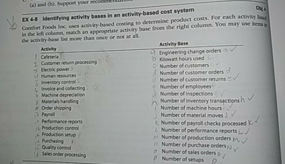 (a) and (b). Support your recommend Obj4 EX 4-8 Identifying activity bases in an activity-based cost system Comfort Foods Inc