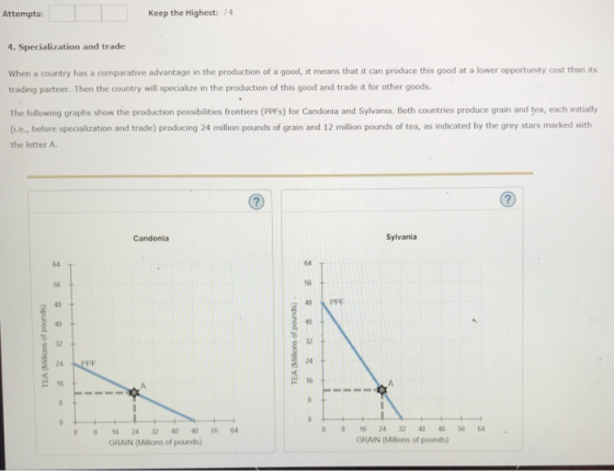 Attempts Keep the Highest:14 4. Specialization and trade When a country has a comparative advantage in the production of a good, it means that it can produce this good at a lower opportunity cost than its trading partner. Then the country will specialize in the production of this good and trade it for other goods. The following graphs show the production possibilities frontiers (PPFs) for Candonia and Sylvania. Both countries produce grain and tea, each initialy (i.e., before specialization and trade) producing 24 million pounds of grain and 12 million pounds of tea, as indicated by the grey stars marked with the letter A Candonia Sylvania 64 64 56 56 48 40 꾜 24 PP 16 40 32 24 16 0 816 24 32 4048 55 64 GRAIN (Millions of pounds) 816 24 32 40 48 5664 GRAIN (Mions of pounds)