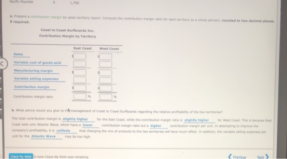 Pacific Pounder D 1,750 a. Prepare a contribution margin by sales territory report. Compute the contribution margin ratio for