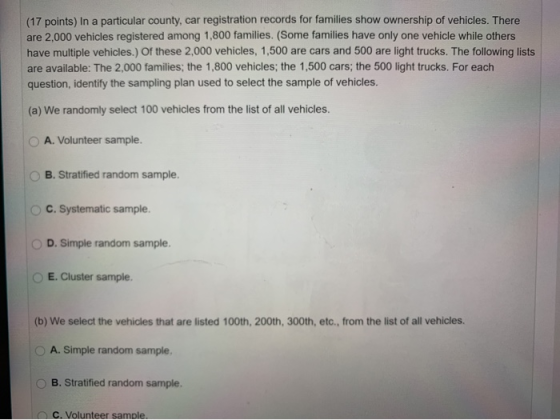 (17 points) In a particular county, car registration records for families show ownership of vehicles. There are 2,000 vehicle