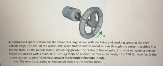 4. A proposed space station has the shape of a large wheel with the living and working space at the very outside edge (the ri
