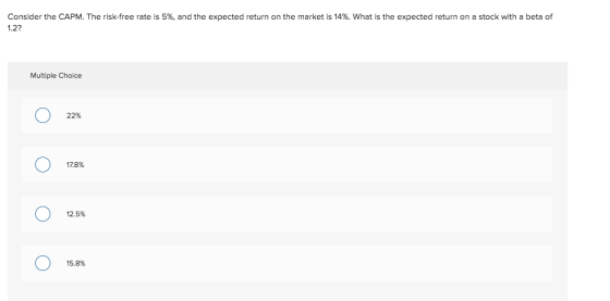 Consider the CAPM. The risk-free rate is 5%, and the expected return on the market is 14%. What is the expected return on a s