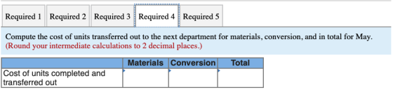 Required 1 Required 2 Required 3 Required 4 Required 5 Compute the cost of units transferred out to the next department for m