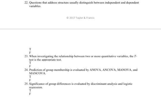 22. Questions that address structure usually distinguish between independent and dependent variables O 2017 Taylor & Francis 23. When investigating the relationship between two or more quantitative variables, the T test is the appropriate test. 24. Prediction of group membership is evaluated by ANOVA, ANCOVA, MANOVA, and MANCOVA 25. Significance of group differences is evaluated by discriminant analysis and logistic regression.