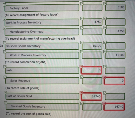 Factory Labor 5100 (To record assignment of factory labor) Work in Process Inventory 4750 Manufacturing Overhead 4750 (To rec