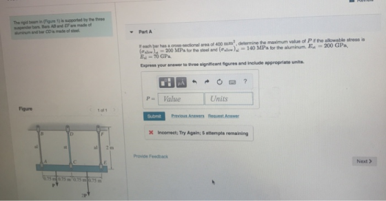 The rod beam in (gure 1) is supported by the three suspendarban Bars AB and EF are made of minum and bar CD is made of steel