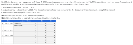 First Choice Company buys equipment on October 1, 2020, providing as payment a noninterest-bearing note for $12,000 to be pai
