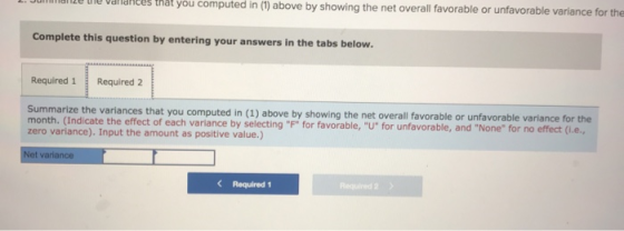 Cere variances at you computed in (1) above by showing the net overall favorable or unfavorable variance for the Complete thi