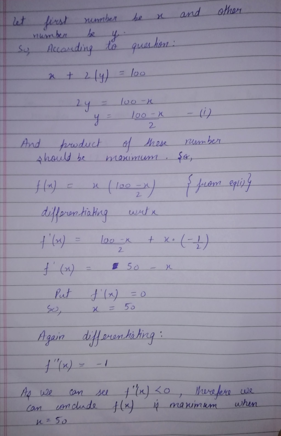 be and other let first number number So, According to be y ques lion nt 2ly) - loo 2y (0) عه loo-h 100-k 2 And product of the
