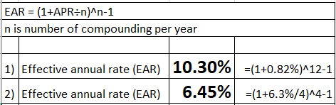 EAR = (1+APR:n)^n-1 n is number of compounding per year 1) Effective annual rate (EAR) 10.30% =(1+0.82%)^12-1 2) Effective an