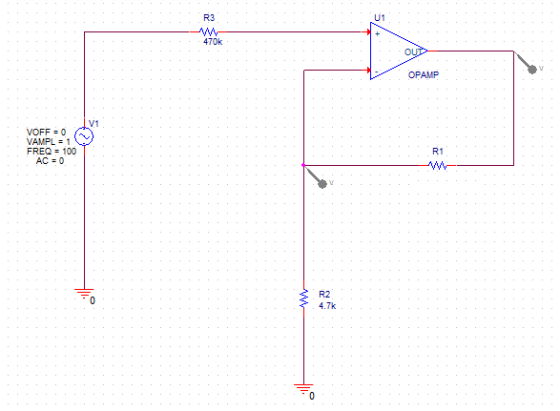 U1 R3 470k OPAMP V1 VOFF : 0 R1 FREQ-100 R2 4.7k