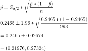 PtZ2/2*1*(1-) 0.2465 * (1 – 0.2465) 0.2465 +1.96 * 998 = 0.2465 + 0.02674 = (0.21976, 0.27324)