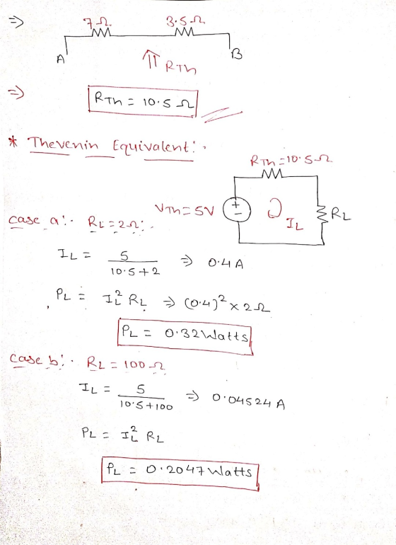 3.son M - Rth= 10.5 - 1 * The venin Equivalent: Rih=10 sen M With=svC case at Rizni. ZR2 SL 04A 10.5+2 IL = 5 ) 04A PL = 12 R