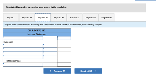 Complete this question by entering your answer in the tabs below Require....Required BRequired B2 Required B3 Required CRequired D Reuired D2 Prepare an income statement, assuming that 240 students attempt to enroll in the course, with all being accepted CIA REVIEW, INC Income Statement Expenses Total expenses Required B1 Required B3