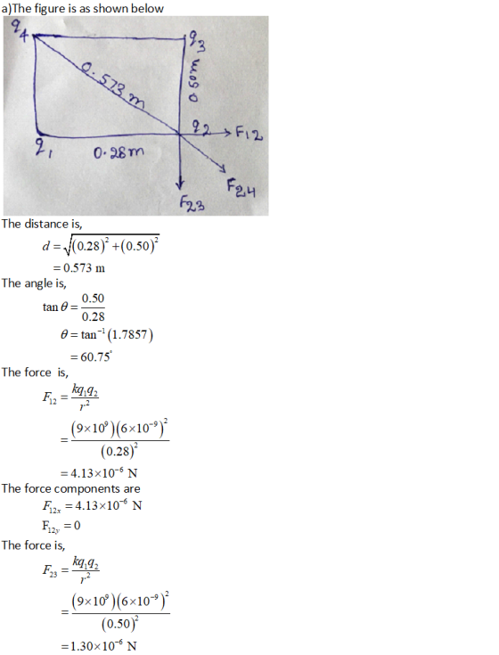 a)The figure is as shown below 22F12 0. 28 m The distance is, d-(028)+(o0.50) 0.573 m The angle is, 0.50 0.28 tan-1 (1.7857) 60.75 tan θ The force is, 12 (9x10)(6x10) (0.28) 4.13x106 N The force components are F 4.13x10 N 12x The force is, 23 (9x1Ơ)(6x10-9)2 (0.50 1.30x106 N