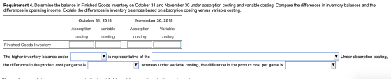 Requirement 4. Determine the balance in Finished Goods Inventory on October 31 and November 30 under absorption costing and v