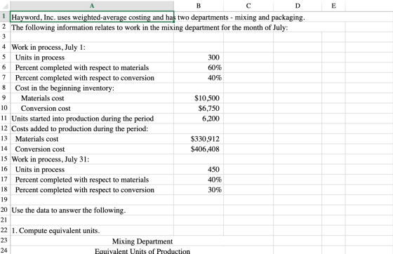 A B с D E 1 9 Hayword, Inc. uses weighted average costing and has two departments - mixing and packaging. 2 The following inf