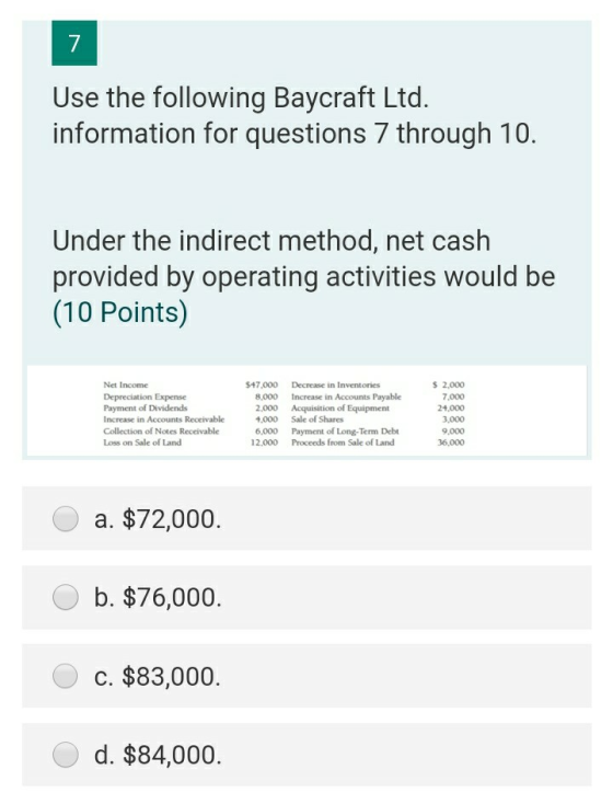 7 Use the following Baycraft Ltd. information for questions 7 through 10. Under the indirect method, net cash provided by ope