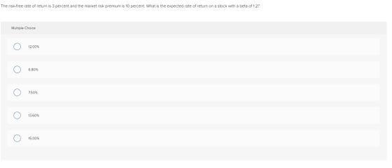 The risk-free rate of return is 3 percent and the market risk premium is 10 percent. What is the expected rate of return on a
