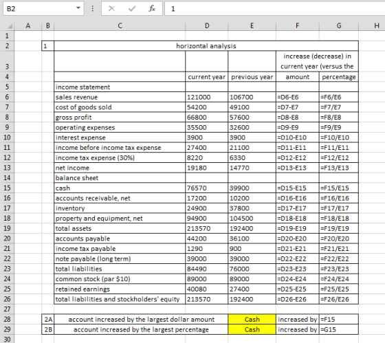 ДА В G H horizontal analysis increase (decrease) in current year (versus the current year previous year amount percentage inc