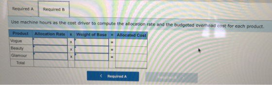 Required A Required B Product Use machine hours as the cost driver to compute the allocation rate and the budgeted overhead c