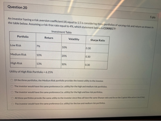 Question 20 5 pts An investor having a risk aversion coefficient (A) equal to 1.5 is considering three portfolios of varying