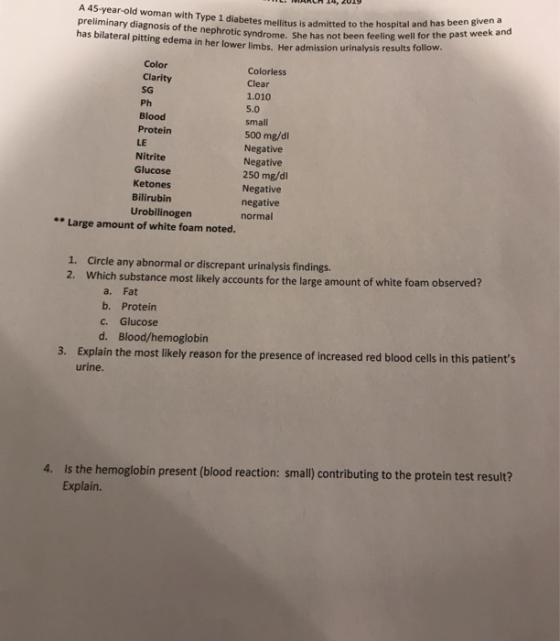 A 45-year-old woman with Type 1 diabetes mellitus is admitted to the hospital and has preliminary diagnosis of the nephrotic
