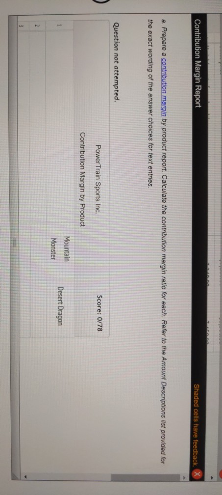 Contribution Margin Report Shaded cells have feedback. a. Prepare a contribution margin by product report. Calculate the cont