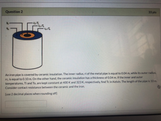 Question 2 33 pts TT T. An iron pipe is covered by ceramic insulation. The inner radius, ri of the metal pipe is equal to 0.0