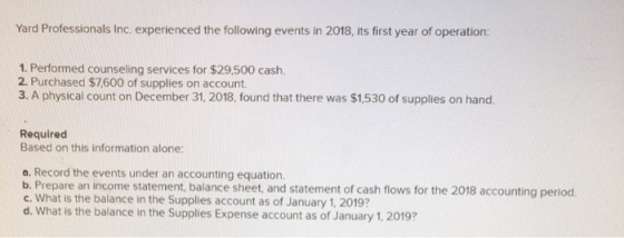 Yard Professionals Inc, experienced the following events in 2018, its first year of operation: 1. Performed counseling servic