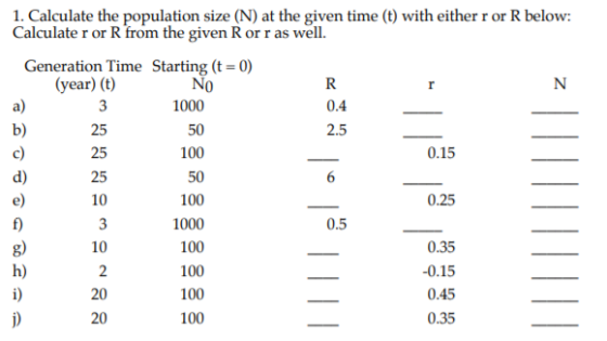 1. Calculate the population size (N) at the given time (t) with either r or R below: Calculate r or R from the given R or r a