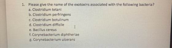 1. Please give the name of the exotoxins associated with the following bacteria? a. Clostridium tetani b. Clostridium perfrin