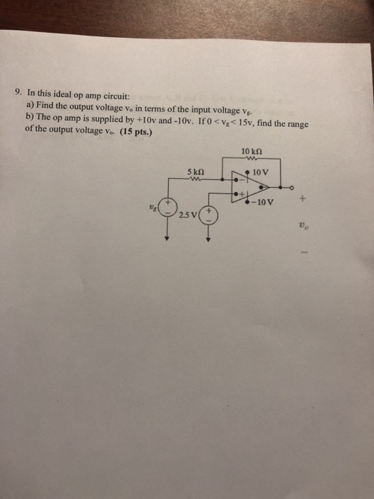 9. In this ideal op amp circuit: a) Find the output voltage vo in terms of the input voltage v. b) The op amp is supplied by +10v and -10v. If0 V15v, find the range of the output voltage vo. (15 pts.) 10 k2 5 kQ 10V -10V ng 2.5v(+ 0)