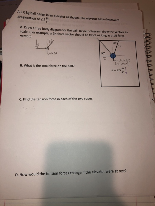 A 2.0 kg ball hangs in an elevator as shown. The elevator has a downward acceleration of 2.5 A. Draw a free body diagram for the ball. In your diagram, draw the vectors to scale. (For example, a 2N force vector should be twice as long as a 1N force vector.) 60* 90 B. what is the total force on the ball? 772 a2.5 C. Find the tension force in each of the two ropes. D. How would the tension forces change if the elevator were at rest?