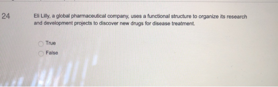 24 Eli Lilly, a global pharmaceutical company, uses a functional structure to organize its research and development projects