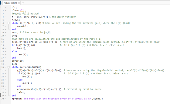 regula_falsi.mx + clc; clear all ; %regula falsi method f = @(x) (x^3-2*x^2+1.5*x); % the given function n=0.1; while (f(n)*f