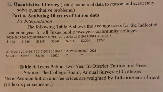 11. Quantitative Literacy (using numerical data to reason and accurately solve quantitative problems.) Part a. Analyzing 10 y