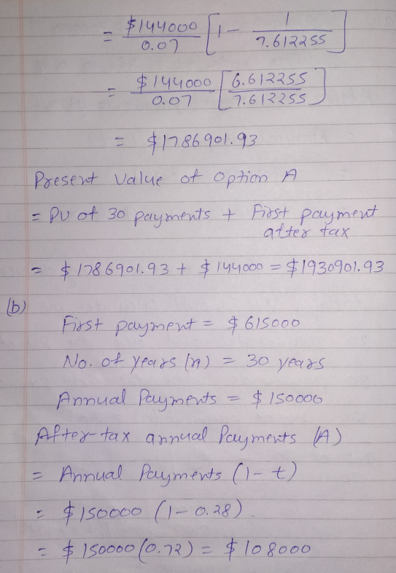 Fotoga [ 2.62455] $144000 6.612255 0.07 27.612255 - $1786901.93 Present value of option o - Pu of 30 payments + First payment