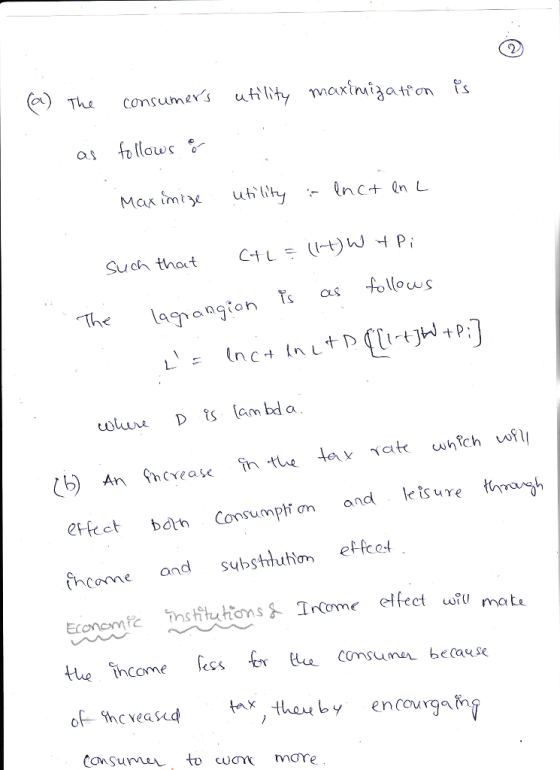 ) The comsuum consumerS ers utility maximaatton β as llows Such thaet CLUtwP The 1b) etket ban Consumpt on and ltsure Come and substửutim effect the income les consumn bease CanSumta more