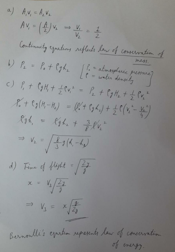 a) A, v = A₂ V2 V 1 2 mом. Av = ( 4 ) Vz Continuity equations reflects law of conservation of P. = atmospheric pressure] b) P