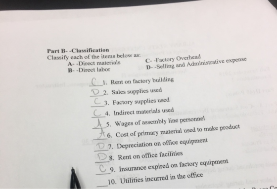 Part B- -Classification Classify each of the items below as: C--Factory Overhead D--Selling and Administrative expense A- -Di