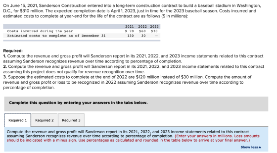 On June 15, 2021, Sanderson Construction entered into a long-term construction contract to build a baseball stadium in Washin