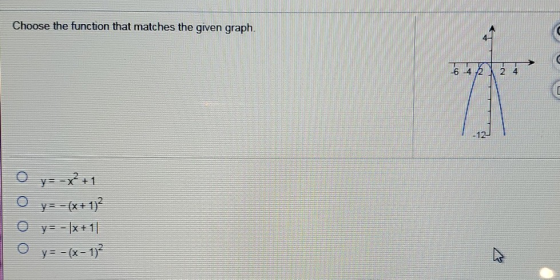 Choose the function that matches the given graph. с 464 2 4 0 0 KOD y-(x + 1)2 y=-x+1] y=-(x-112