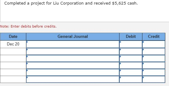 Completed a project for Liu Corporation and received $5,625 cash. Note: Enter debits before credits. General Journal Debit Cr