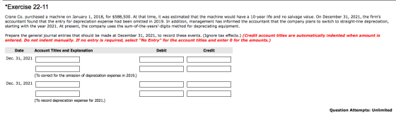 *Exercise 22-11 Crane Co. purchased a machine on January 1, 2018, for $588,500. At that time, it was estimated that the machi